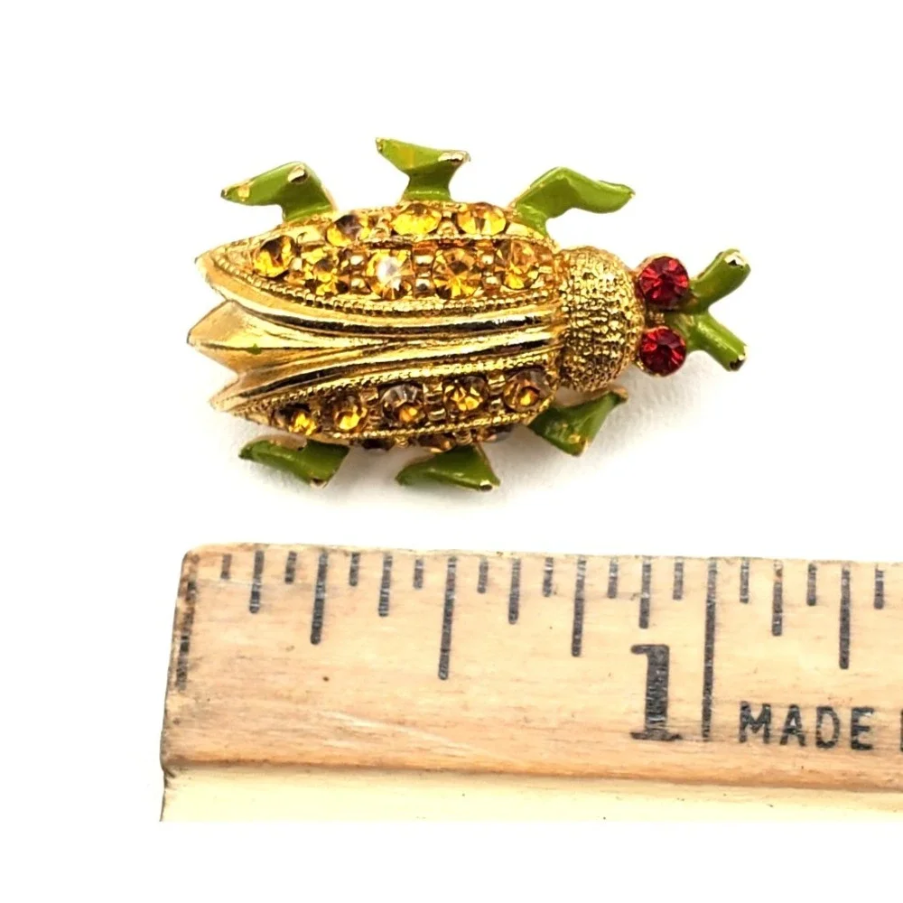 Vintage 6 Legged Red Eye Bug Pin Brooch Gold Tone Yellow Rhinestone Encrusted